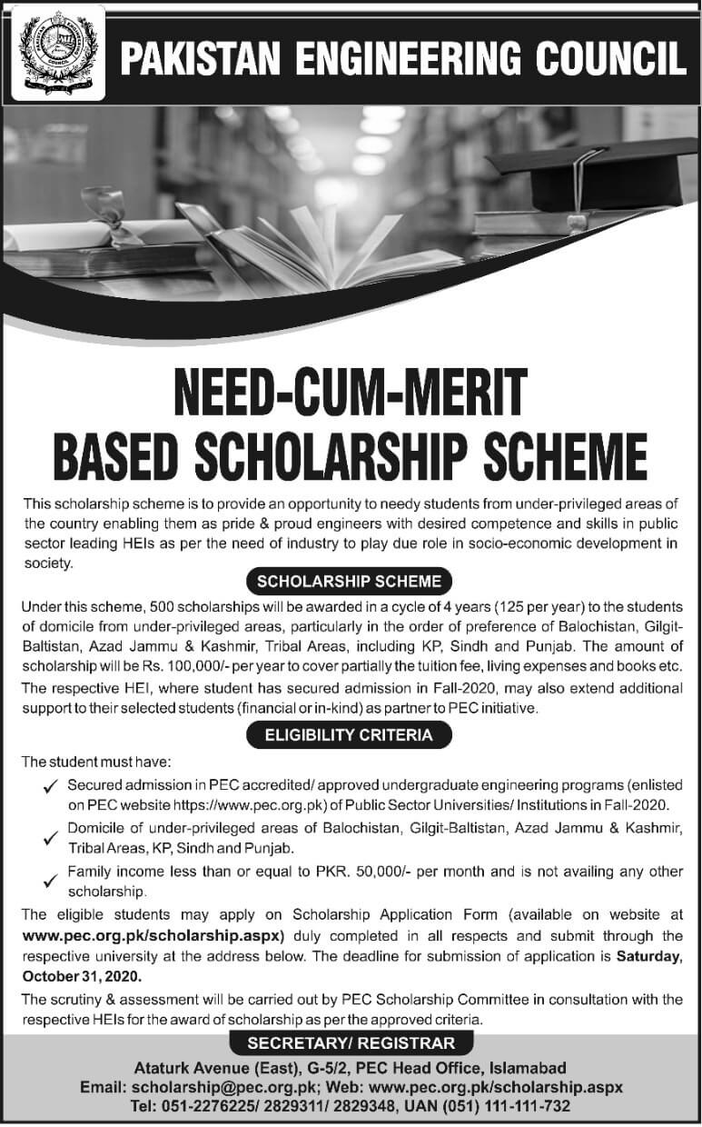 PEC Pakistan Engineering Council Scholarship 2024 Application Form Eligibility Criteria