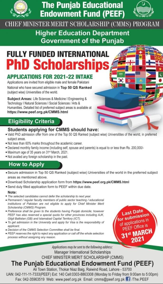 PEEF Punjab PhD International Scholarship 2024 Application Form Download