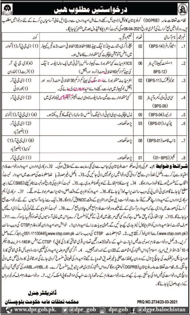 Balochistan Public Relation Department Jobs 2021 Application Form Download