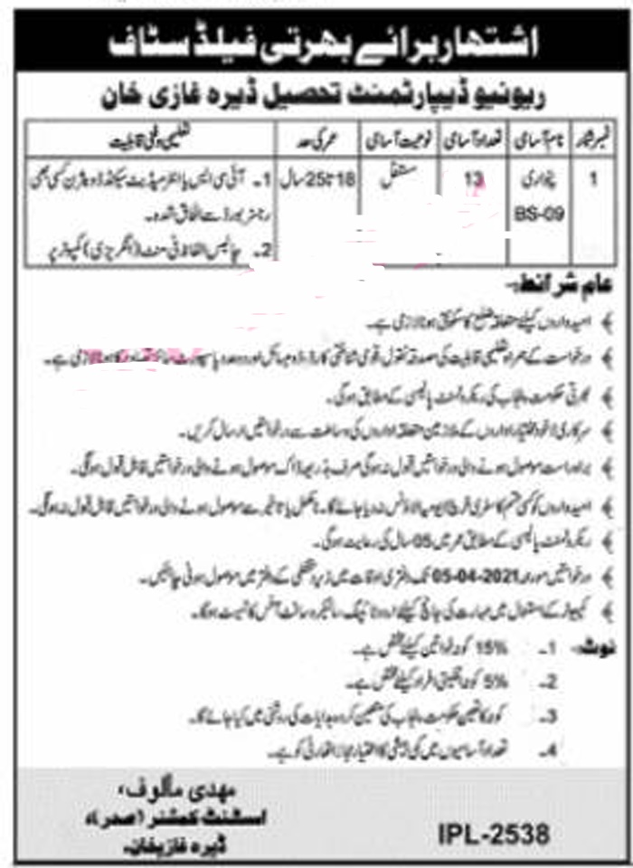 D G khan patwari jobs 2021 Application Form Download