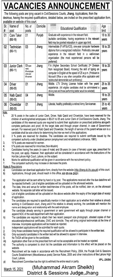 Sesssion Court Jobs Jhang 2021 Application Form Download