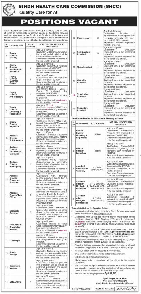 Sindh Health Care Commission Jobs 2021 STS Aplication Form