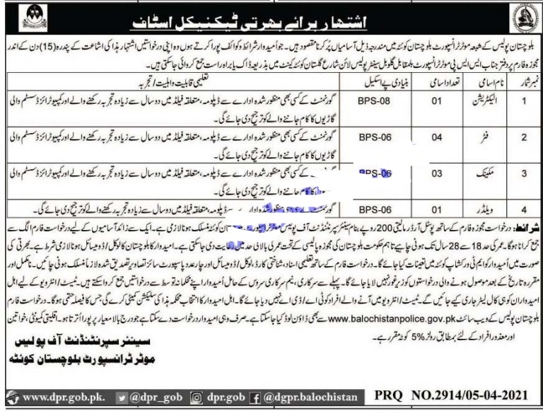 Motor Transport Balochistan Police Jobs 2021 Application Form Download