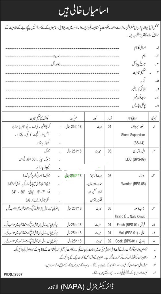 NAPA Lahore Jobs 2021 Application Form Download