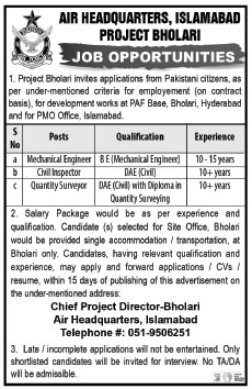 9145 Air Headquarters Islamabad Jobs 2021 September PAF Base Bholari Mechanical Engineer Others Latest