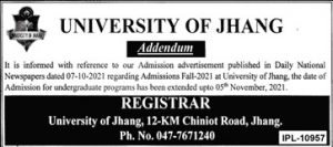 university of jhang admission 26 10 21