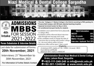 niazi medical dental college sargodha admission 31 10 21