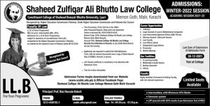 shaheed zulfiqar ali bhutto law college karachi admission 31 10 21