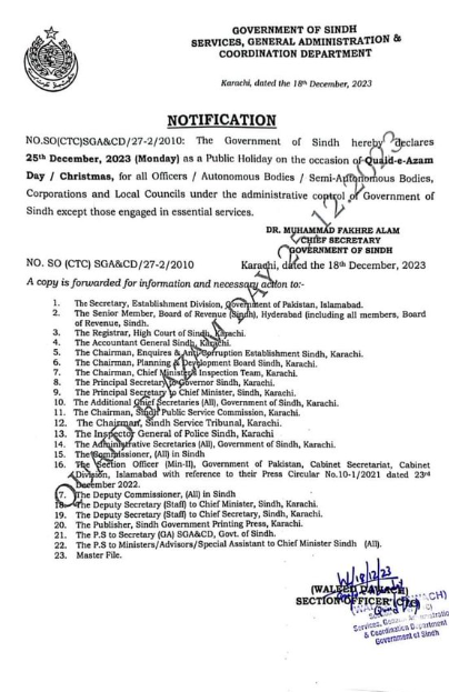 Sindh Public Holiday 25th December Announced 